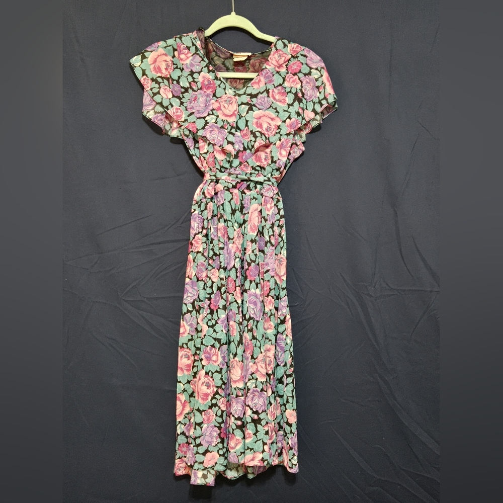 Cathy Sue Vintage Floral Cottagecore Peasant Dress with Ruffled Collar - Size 12